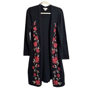 Style & Co Black Embroidered Rose Open Cardigan • Cottagecore Boho • Size Large